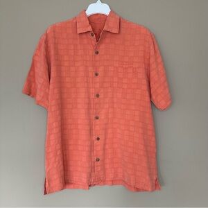 Tommy Bahama Men M 100% Silk Camp Shirt Orange Button Collared Short Sleeve chec